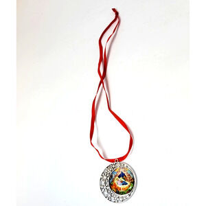 Nativity Scene Christmas Tree Ornament Snowflake Metal Unmarked Red Ribbon Decor